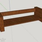 3D rendering of a wooden bench design with a simple, boxy structure, ideal for a DIY outdoor sofa project. The bench features thick side supports, a backrest, and a seat composed of broad wooden planks.